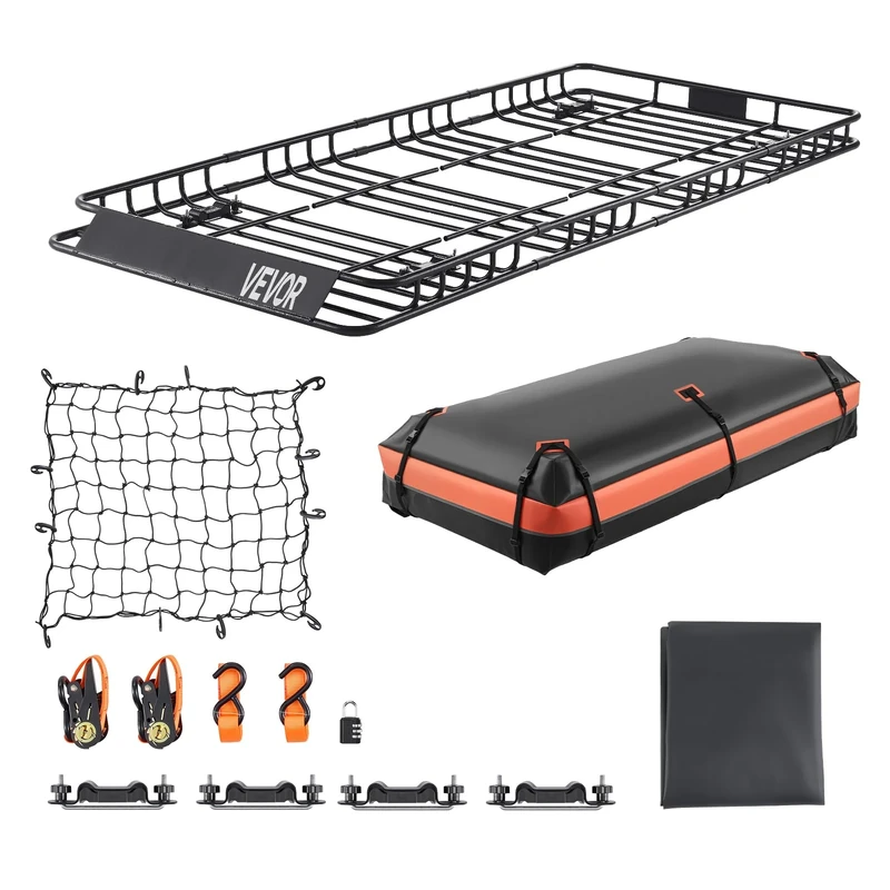 VEVOR Roof Rack Basket, 84 x 39 x 4.1 in, Universal Rooftop Cargo Carrier with 7.9 x 3.9 x 10.2 in Cargo Bag, Net, Ratchet Straps, 250 lbs Max Load Capacity Car Top Luggage Holder, for SUV Truck Car