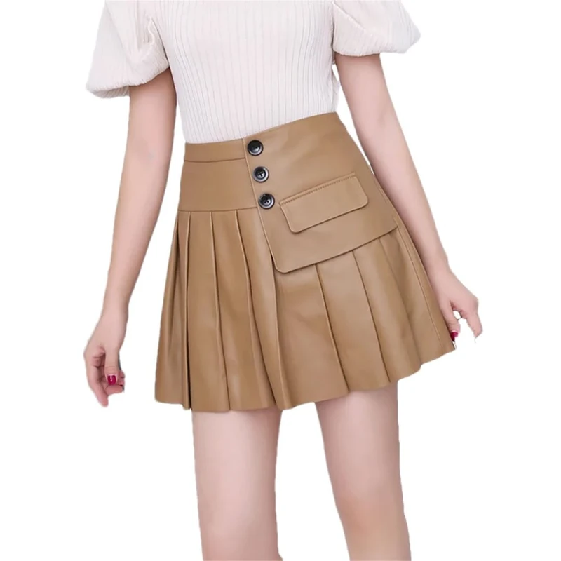 Adhdyuud Women Leather Pleated Mini Skirt - High Waist, Khaki XL
