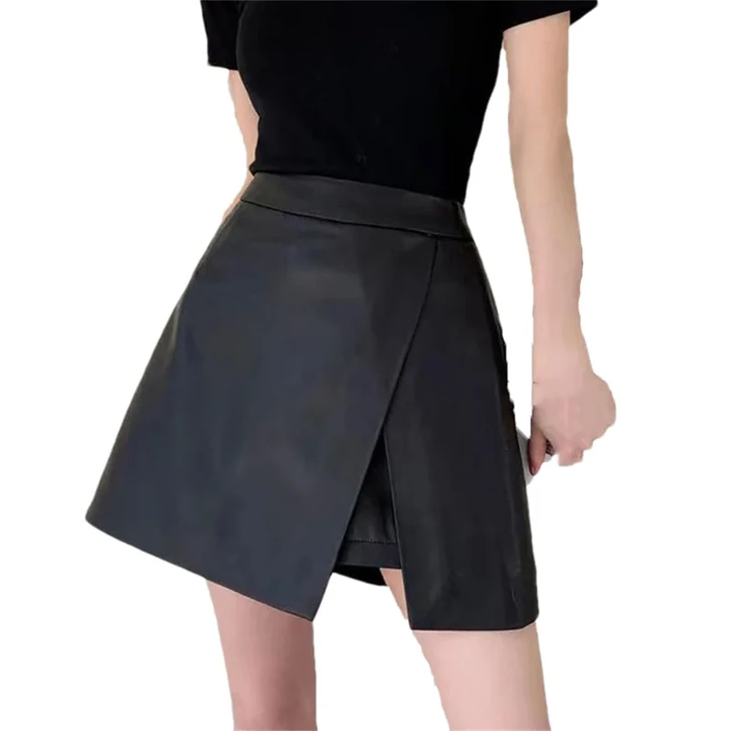 Adhdyuud Women A-Line Leather Short High Waist Irregular Short Sexyslit Short Pants Mini Skirts Black XL(16)