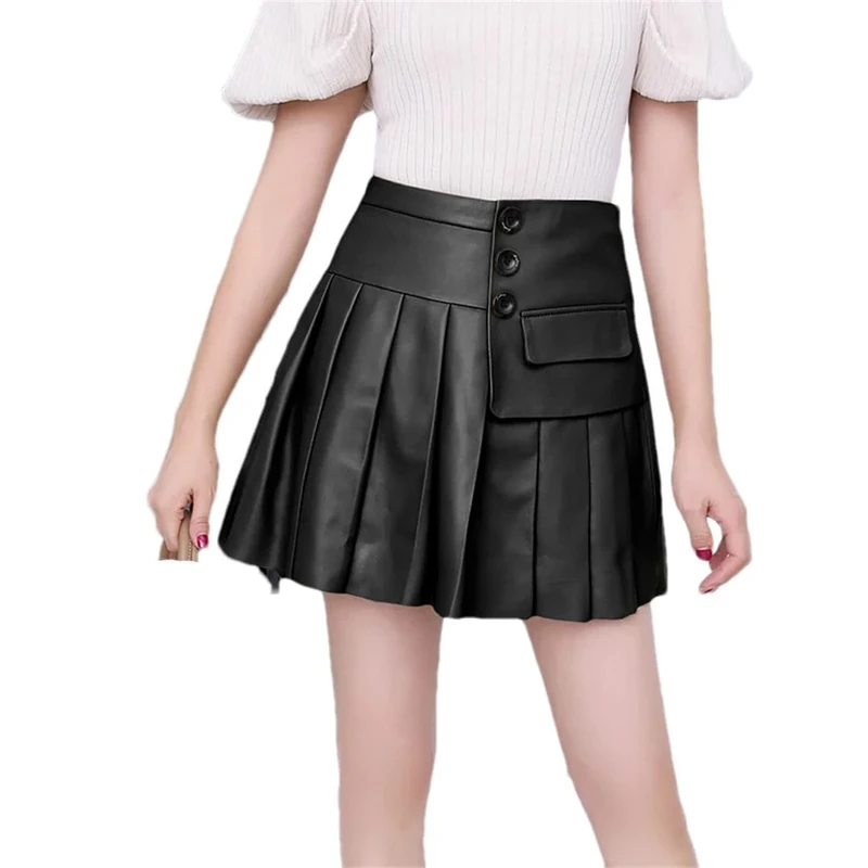 Adhdyuud Women Leather Pleated Skirt High Waist Buttons Slim Skirts Vintage Casual Sexy Mini Skirts Black XL