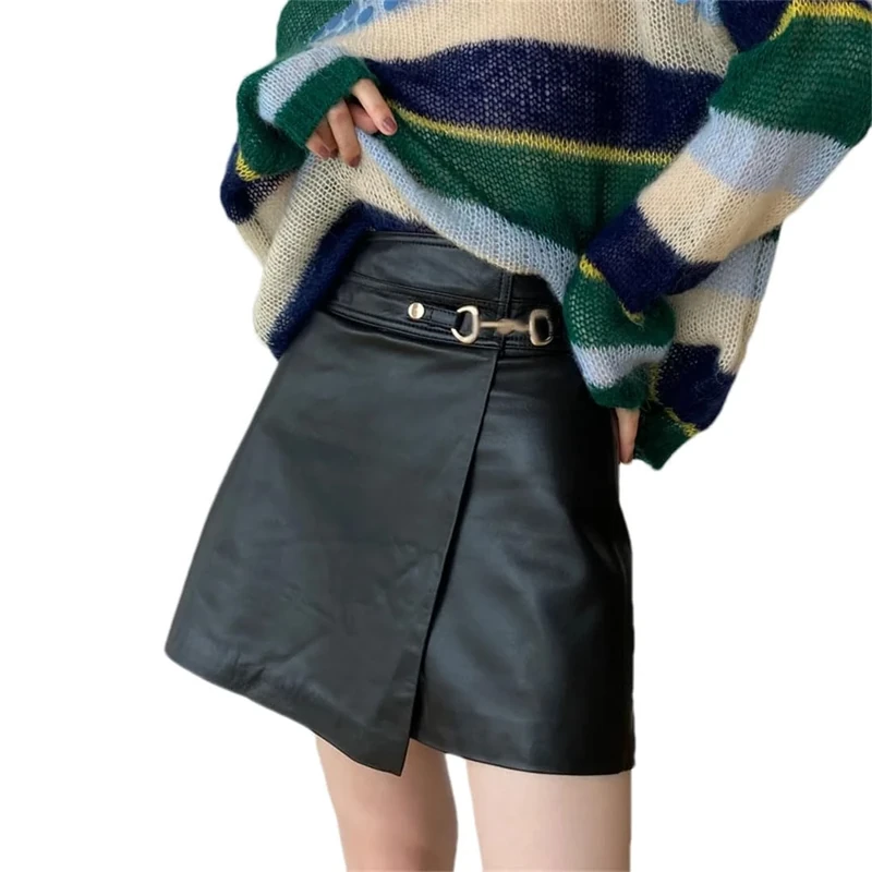 Adhdyuud Women Leather A-Line Shorts Mini Skirts Slim Waist Split Irregular Vintage Skirts Black XXL(18)