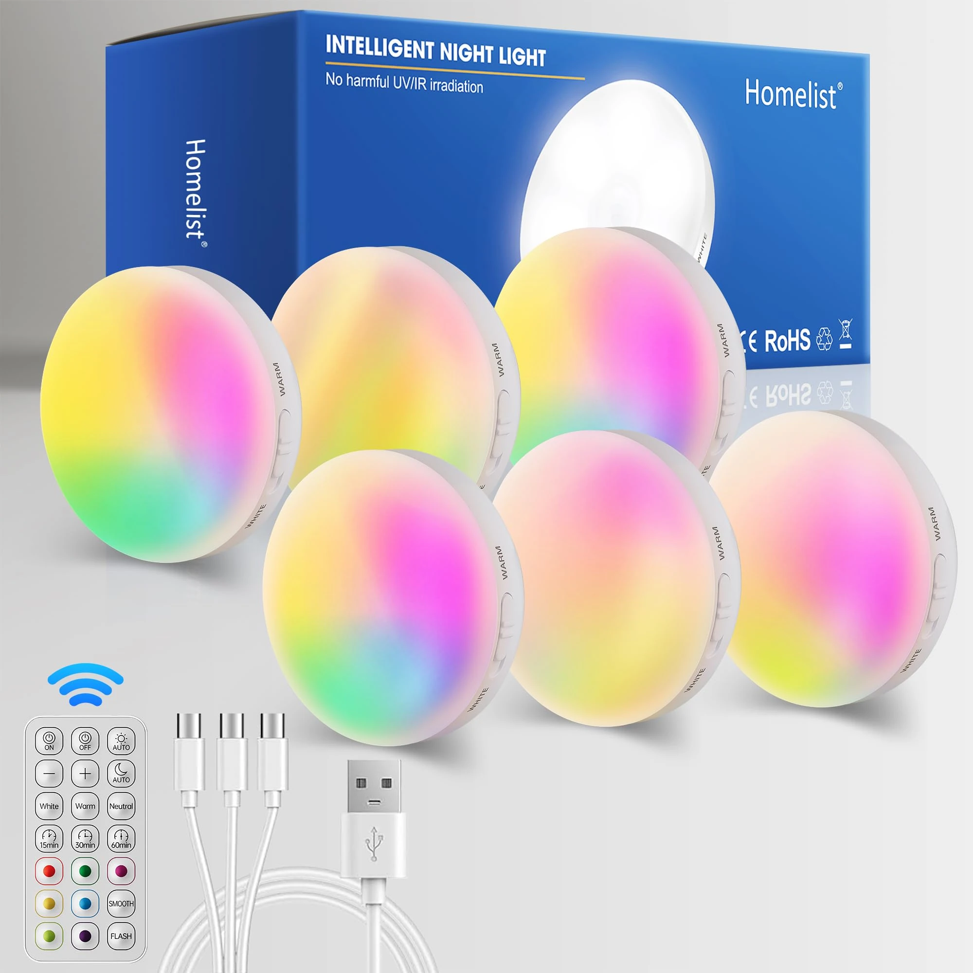 Homelist Motion Sensor Lights Indoor, 6 Pack RGB Puck Light with Remote, Wireless Rechargeable LED Night Light for Wall Stair Kitchen Cupboard Under Cabinet Wardrobe