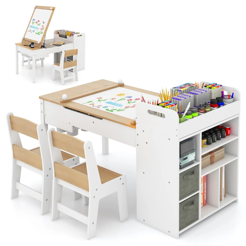GYMAX Kids Art Table and Chairs Set, Wooden Children Desk with Flip-up Tabletop, Paper Roll, Paint Cups, Bins & Shelves, Toddler Activity Table Set for Drawing Writing, 120x60x60cm (Natural+White) - Image 1