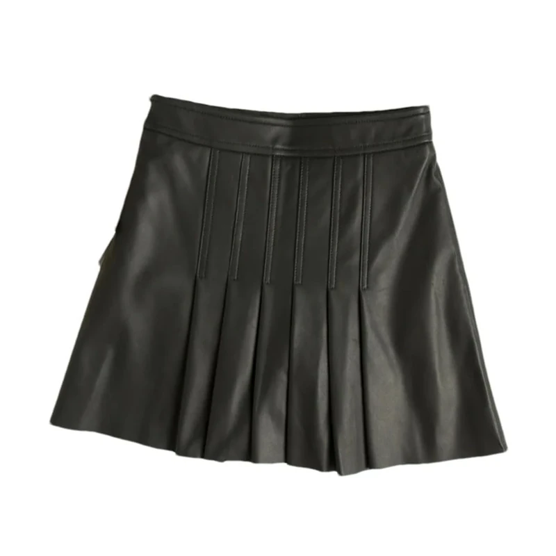 Adhdyuud Women Leather Mini Skirt Sexy Pleated A-Line Skirt Vintage Motorcycle Skirts Black S