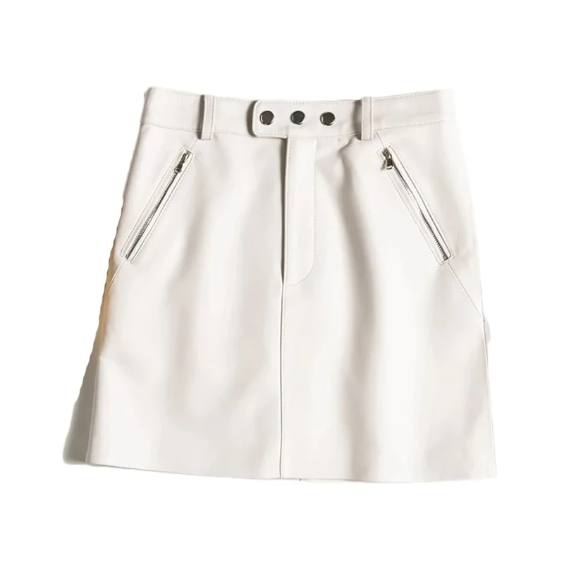 Adhdyuud Women Leather Mini Skirt High Waist Buttons Sexy A-Line Skirt Vintage Casual Skirts White XL(16)