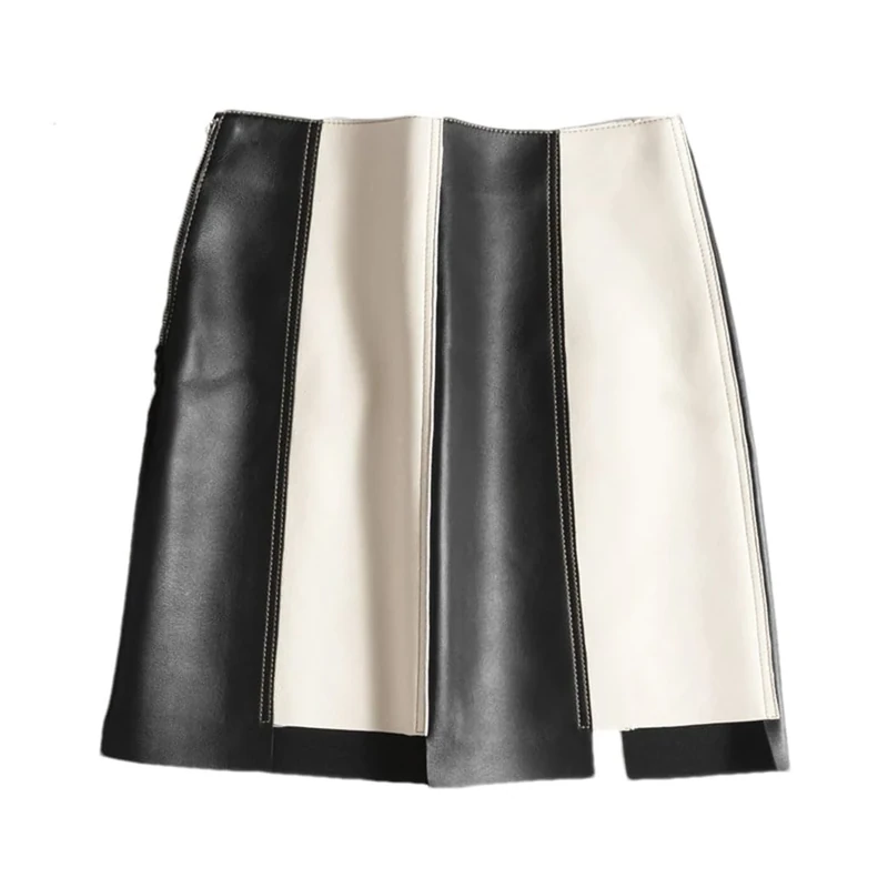 Adhdyuud Women Leather Skirts Vertical Stripes Patchwork Skirts Irregular Vintage Casual Mini Skirt Black White XXXL