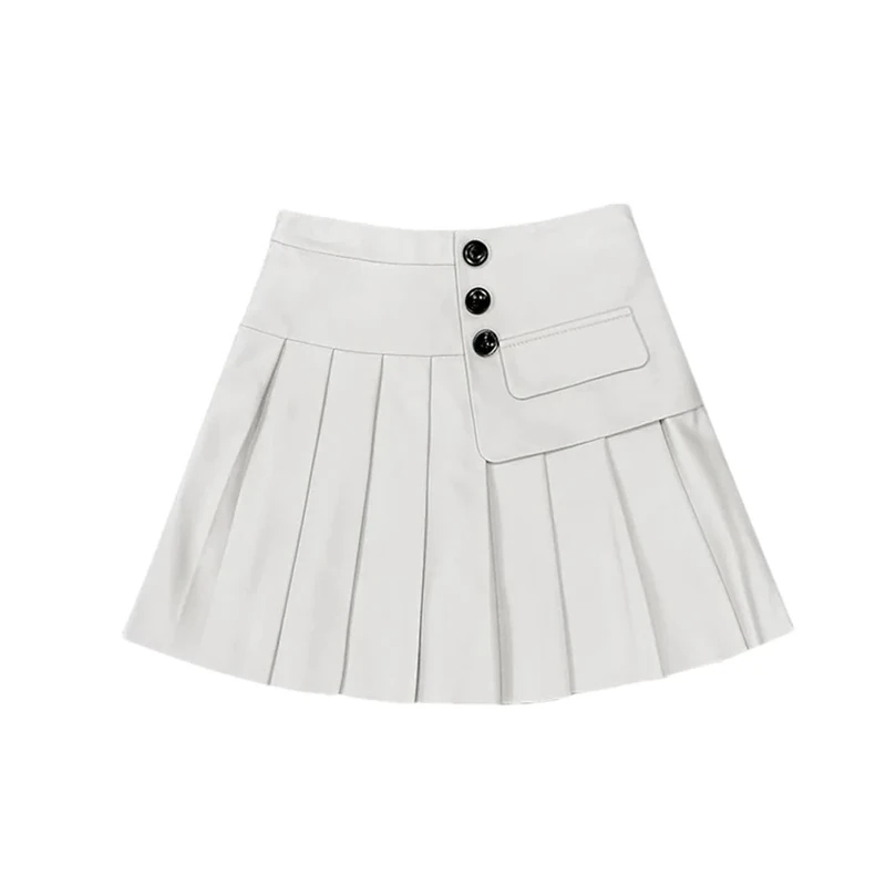 Adhdyuud Women Leather Pleated Skirt High Waist Buttons Slim Skirts Vintage Casual Sexy Mini Skirts White XL