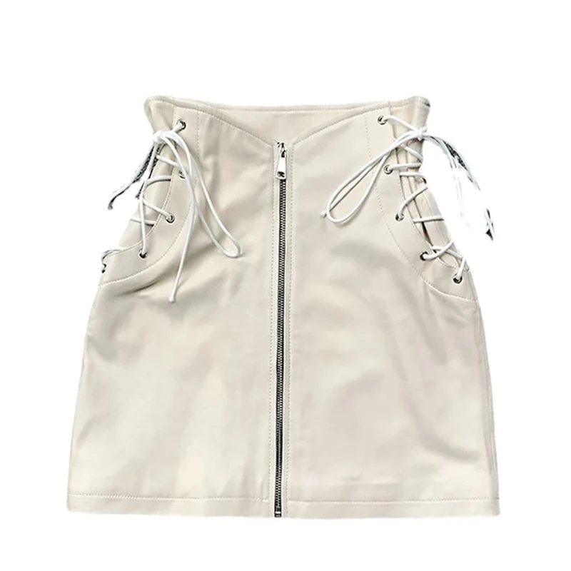 Adhdyuud Women Leather Zipper Skirt High Waist Strap Sexy Mini Skirt Vintage Casual Skirts White XXL