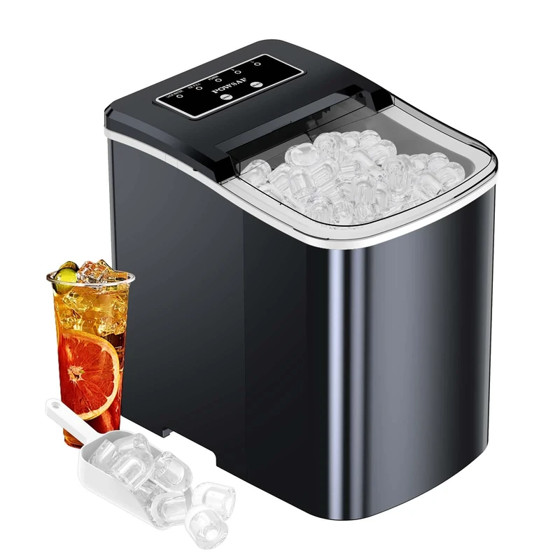 POWSAF Portable Countertop Ice Maker - with Ice Scoop, Basket, Makes 9 Ice Cubes in 8 Minutes, 12KG/24 Hours, Self-Cleaning Ice Cube Machine for Home/Office/Kitchen/Camping, Black