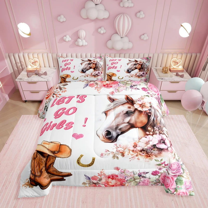 Erosebridal Horse Queen Comforter Set,Western Cowgirl Boots Bedding Sets for Girls Kids Women,Wild West Farm Horse Quilt Bed Set,Rustic Country Floral Bedroom Decor,2 Pillowcases Lightweight