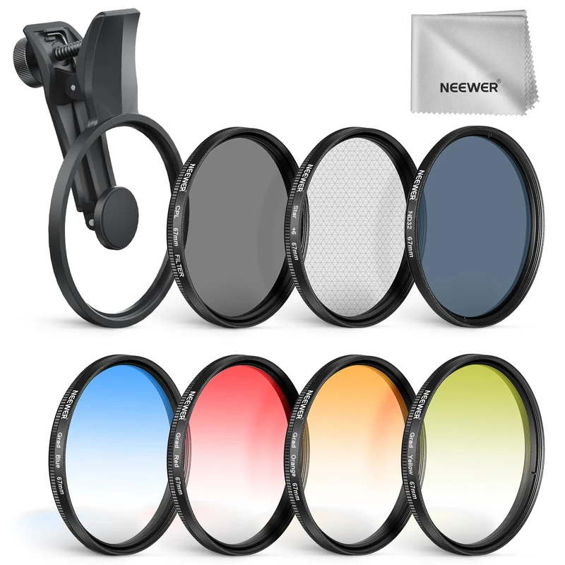 NEEWER 67mm 7 Pack ND Filter Set Compatible with Android Samsung Google Pixel Huawei Xiaomi Clip On CPL+ ND32 + Starlight + GND (Red/Orange/Yellow/Blue) Camera Lens Photography Accessories Kit, FL-P11