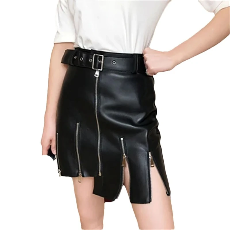 Women Leather Punk Mini Skirt with Pockets Solid Zippers Short Skirt Vintage Casual Skirts Black XL(16)