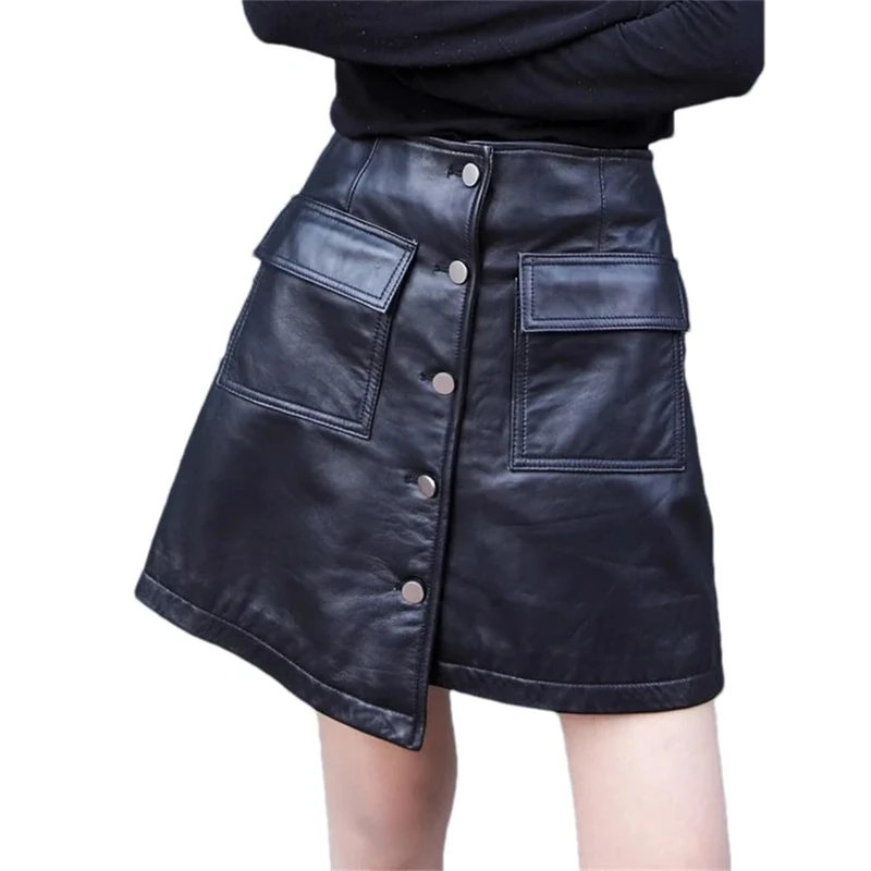 Adhdyuud Women High Waist Leather Mini Skirts Irregular A-Line with Pocket Business Skirts Black XL(16)