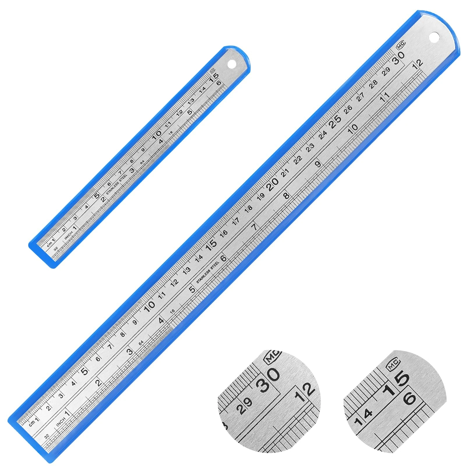 MOXYOY Stainless Steel Ruler Set, 2Pcs 30cm/12in+15cm/6in Metal Rulers Kit Heavy Duty Straight Edge for School Office Home Measuring
