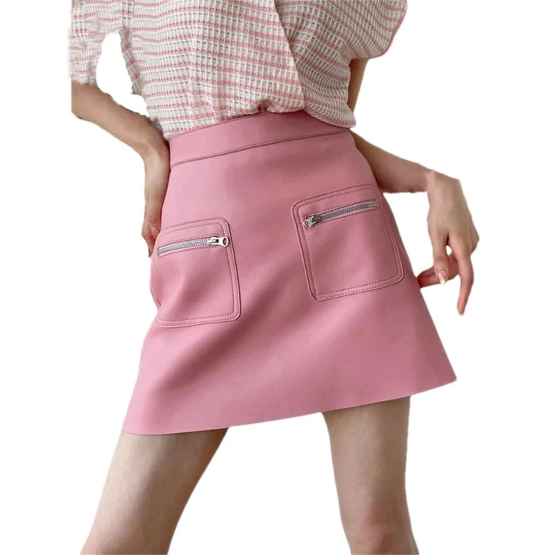 Adhdyuud Women Leather Skirt Double Pocket Short Zipper High Waist Package Hip Mini Skirt Pnnrk M(10)