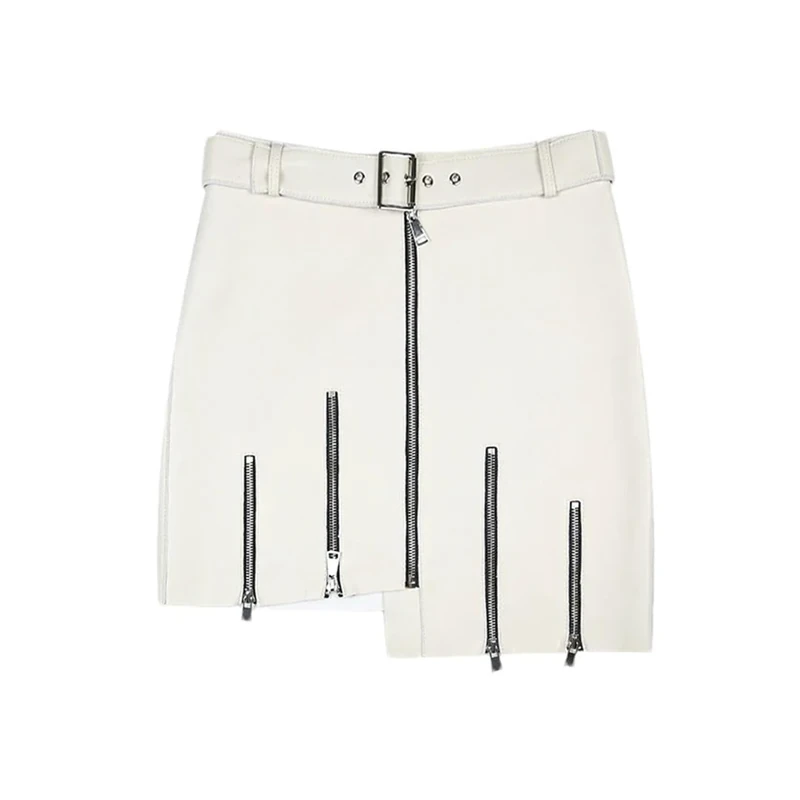 Women Leather Punk Mini Skirt with Pockets Solid Zippers Short Skirt Vintage Casual Skirts White XL(16)