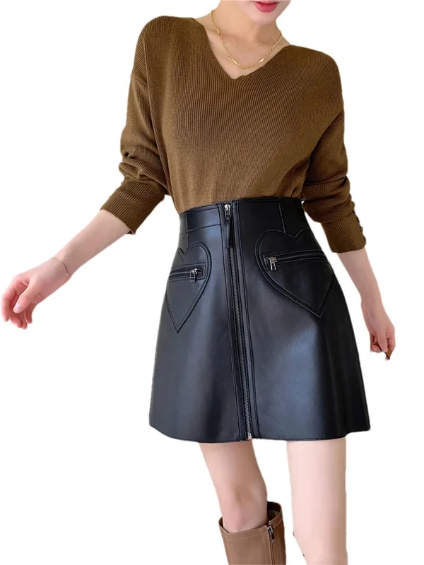 Adhdyuud Women A-Line Mini Skirts with Pocket Zipper Skirts Slim Fit Solid Color Casual Skirt Black L