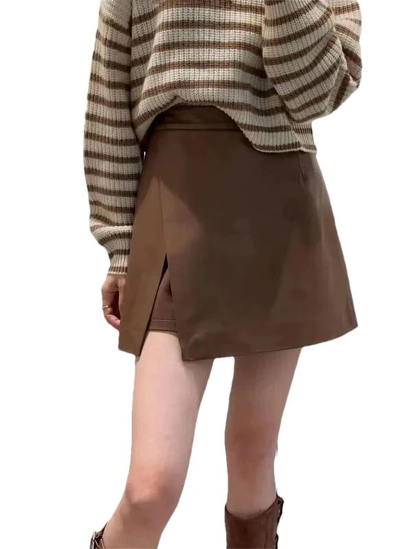Adhdyuud Women A-Line Leather Short High Waist Irregular Short Sexyslit Short Pants Mini Skirts Brown XL(16)