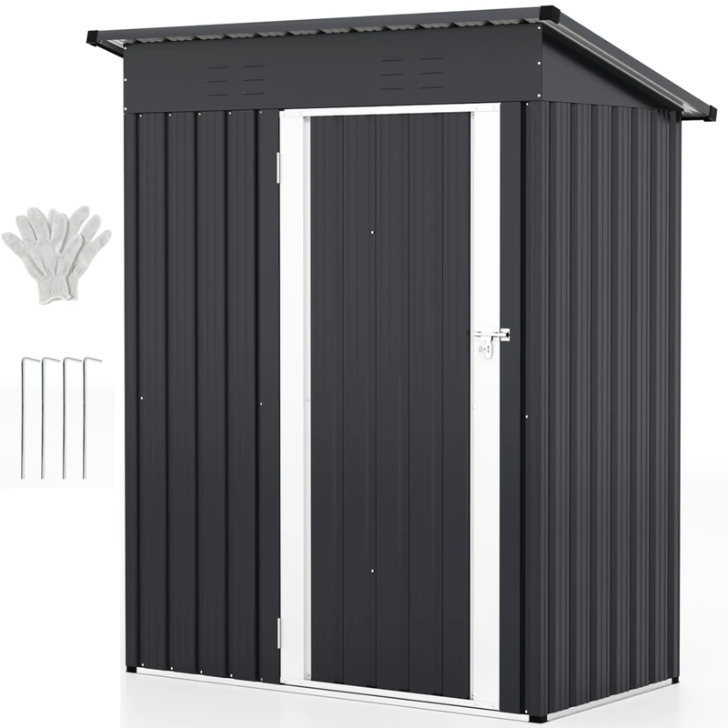 GiantexUK 5x3FT Metal Garden Shed, Galvanized Outdoor Storage Shed with 2 Air Vents, Lockable Door & Slope Roof, Utility Tool House Building for Backyard Patio Garbage Bike (153x91x181cm, Grey+White)