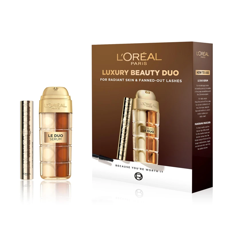 L'Oreal Paris Luxury Beauty Duo; Gift Set of Age Perfect Le Duo Serum & Panorama Mascara; Luxurious skincare & makeup duo set, Dermatologically tested & Suitable for all skin types
