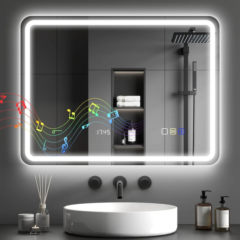 HOMCOM 600 x 800 mm Bluetooth Bathroom Mirror with LED Lights, Illuminated Backlit Wall Mounted Vanity Mirror with 3 Colours Dimmable, Clock, Anti-Fog, Memory & Touch Switch, IP44