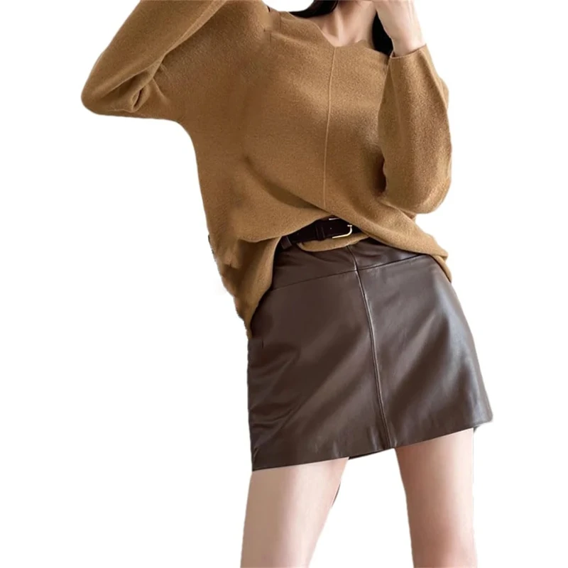 Adhdyuud Women Leather Mini Skirt High Waist Vintage Casual Streetwear Short Skirts with Belt Brown XXXL(20)