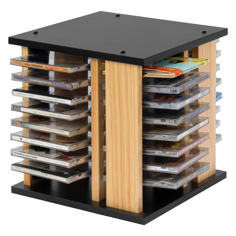 WelFurGeer 360°Rotating CD Case Holder, Wood CD Storage Rack - Hold up to 68 CD Cases, Organizer Shelf for for Media Shelf Storage and Organization, Black