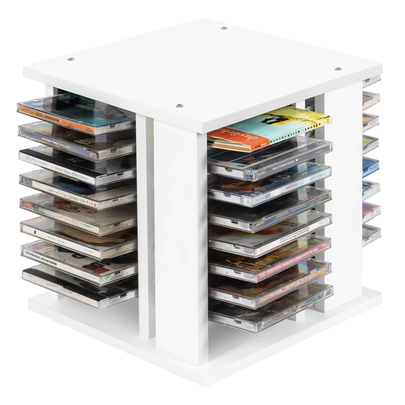 WelFurGeer Solid Wood CD Storage Rack, 360° Rotating CD Case Holder - Hold up to 68 CD Cases, DVD Case Storage Shelf, CD/DVD Organizer Shelf for Home, Office, Theatre (White)