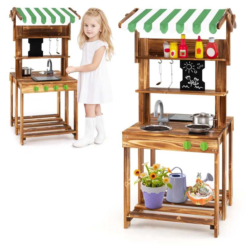 GYMAX Kids Mud Kitchen, Double-Sided Play Kitchen
