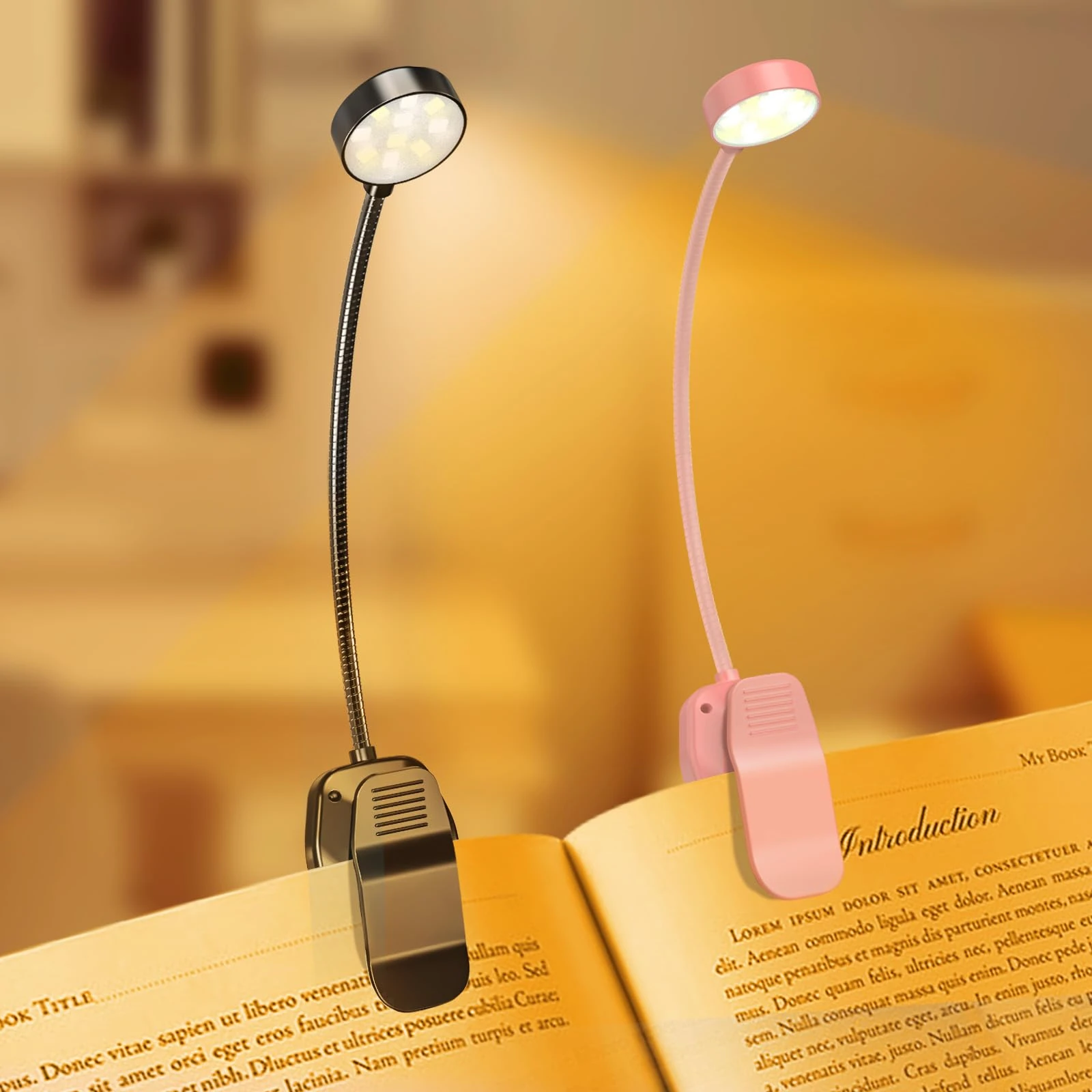 KTEBO® 2 Packs Rechargeable Book Reading Light - Adjustable Brightness, 3 Color Temperatures, 30+ Hours Runtime - Eye Care 10 LED Lamp for Reading for Bed - Perfect Christmas Gifts,Pink & Black
