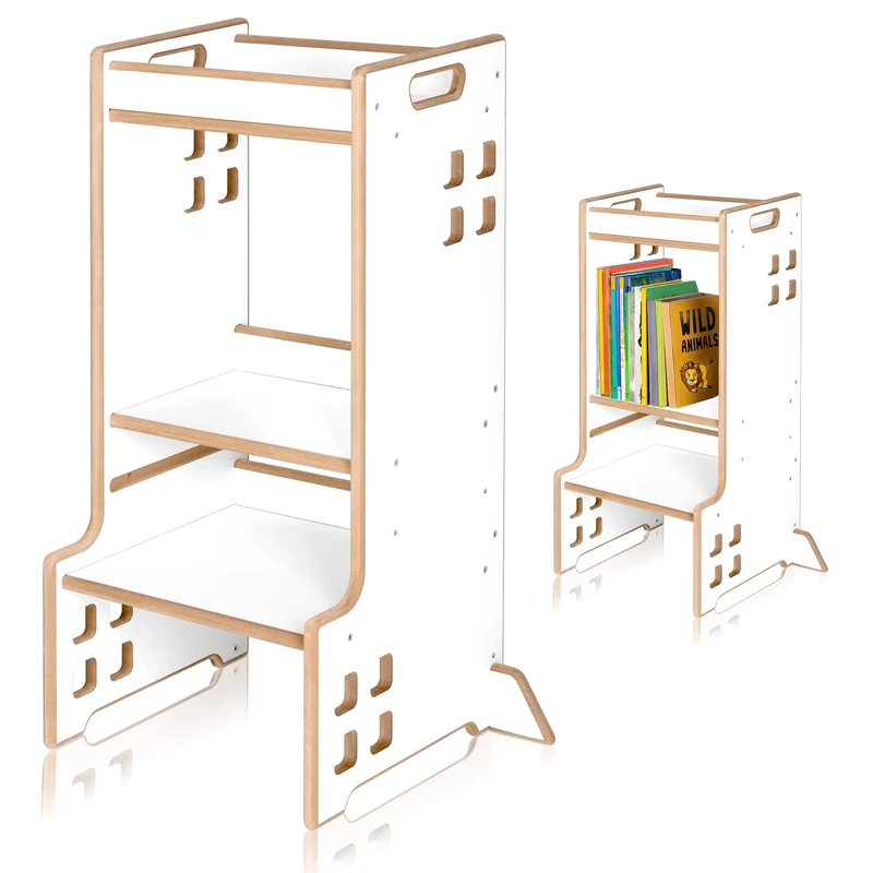 LIONELO Toddler Step Stool CASS 2in1 Tower for Toddlers & Montessori Bookshelf for kids up to 30kg with 3 Heights, Safety Bar, Adjustable Wooden Kitchen helper Standing Tower for Kitchen Counter