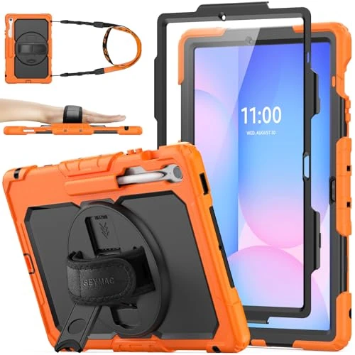 SEYMAC stock Case for Samsung Galaxy Tab S10 FE+ Plus 13.1 inch 2025, Heavy Duty Shockproof Case with Screen Protector, 360° Rotating Stand/Hand Strap & Pen Holder for Galaxy S10 FE+ Tablet, Orange