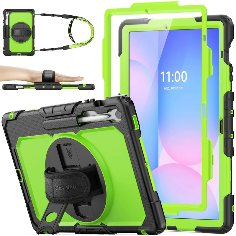 SEYMAC stock Case for Samsung Galaxy Tab S10 FE+ Plus 13.1 inch 2025, Heavy Duty Shockproof Case with Screen Protector, 360° Rotating Stand/Hand Strap & Pen Holder for Galaxy S10 FE+ Tablet, Green
