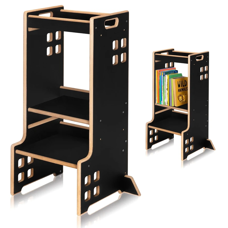 LIONELO Toddler Step Stool 2in1 Tower for Toddlers & Montessori Bookshelf for kids up to 30kg with 3 Heights, Safety Bar, Adjustable Wooden Kitchen helper Standing Tower for Kitchen Counter