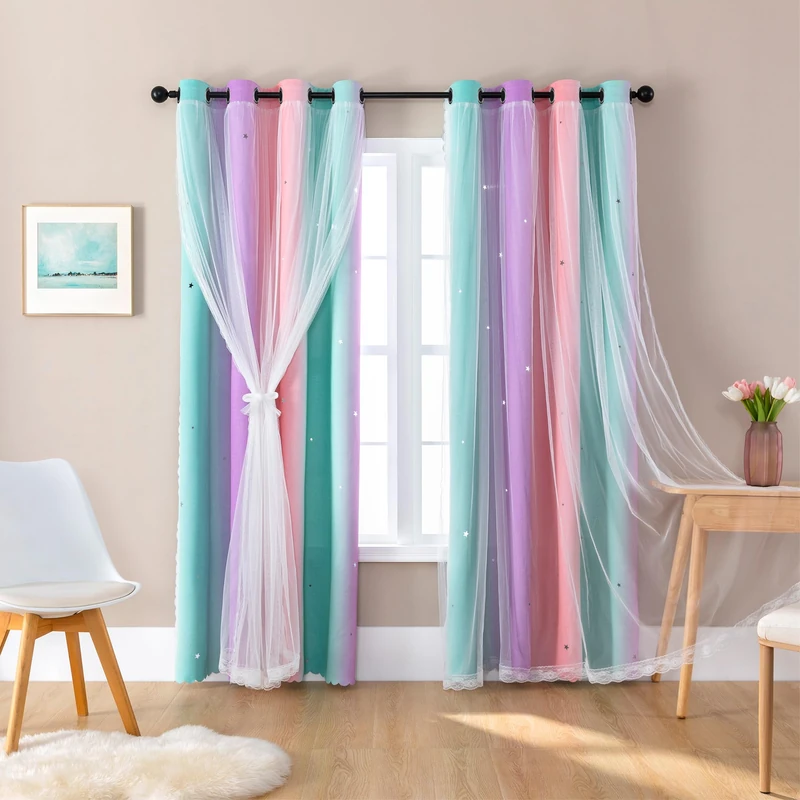 XiDi Blackout Curtains 90 Inches Long for Girls Bedroom, Room Darkening Grommet Window Ombre Curtains 2 Panel Sets, Kids Unicorn Princess Theme Decor Colorful Rainbow Design Pink/Purple/Green 52x90