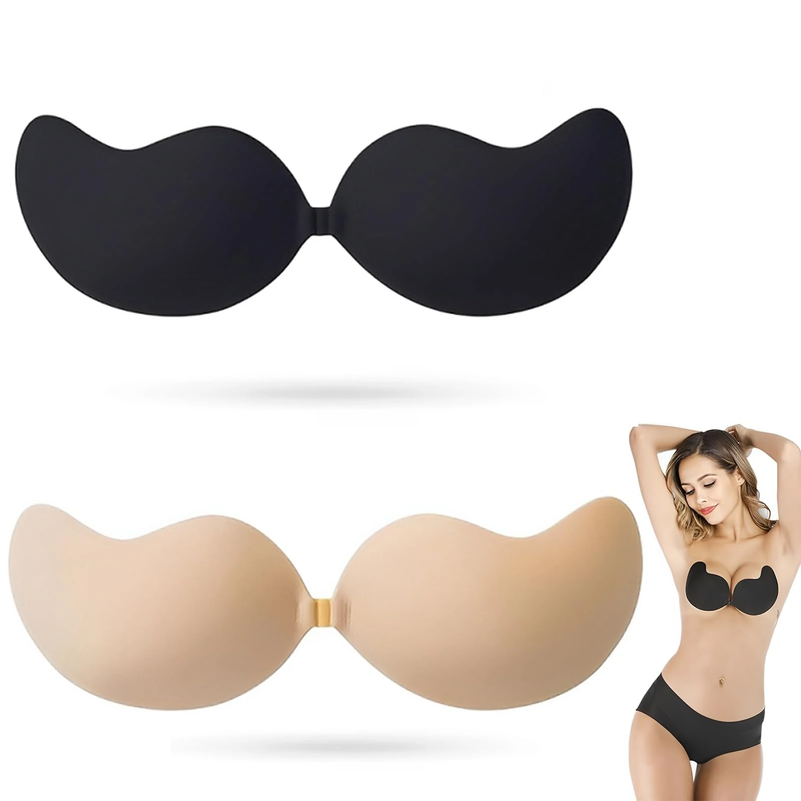 YcsRnn 4Pack Sticky Bra, Push Up Sticky Bra, Adhesive Push Up, Stick On for Low Cut Dress, Wedding, Party, Beach, Daily Wear (Skin Tone A*2, Black A*2)