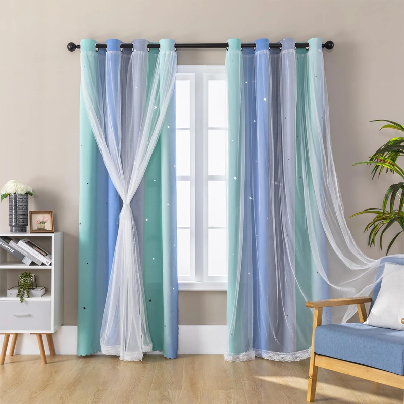 XiDi Girls Curtains for Bedroom 90 Inches Long 2 Panels Blue Green Grey Rainbow Blackout Curtains for Little Girl Kids Room Decor Living Room, Princess Unicorn Wall Decals Drapes 52x90