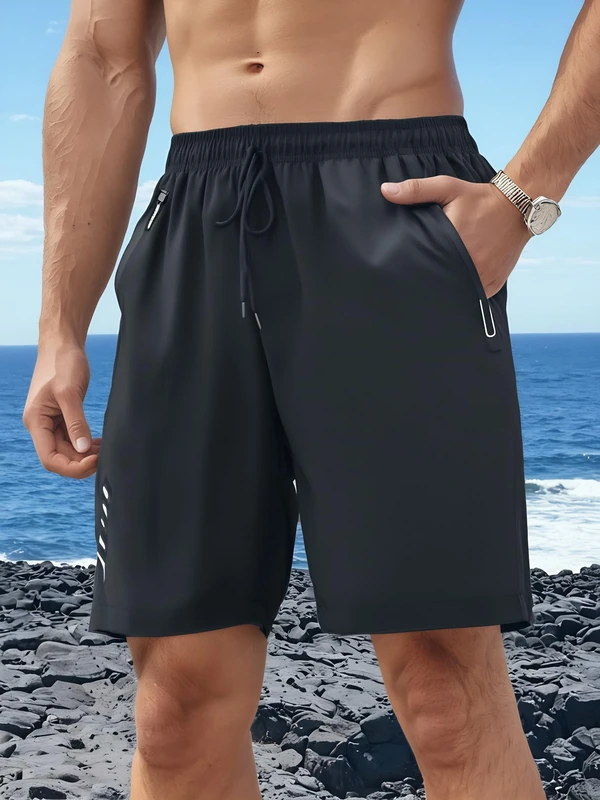 Men's Summer Athletic Shorts Elastic Waist Functional Zippered Pockets for Gym Outdoor, Black, X-Large