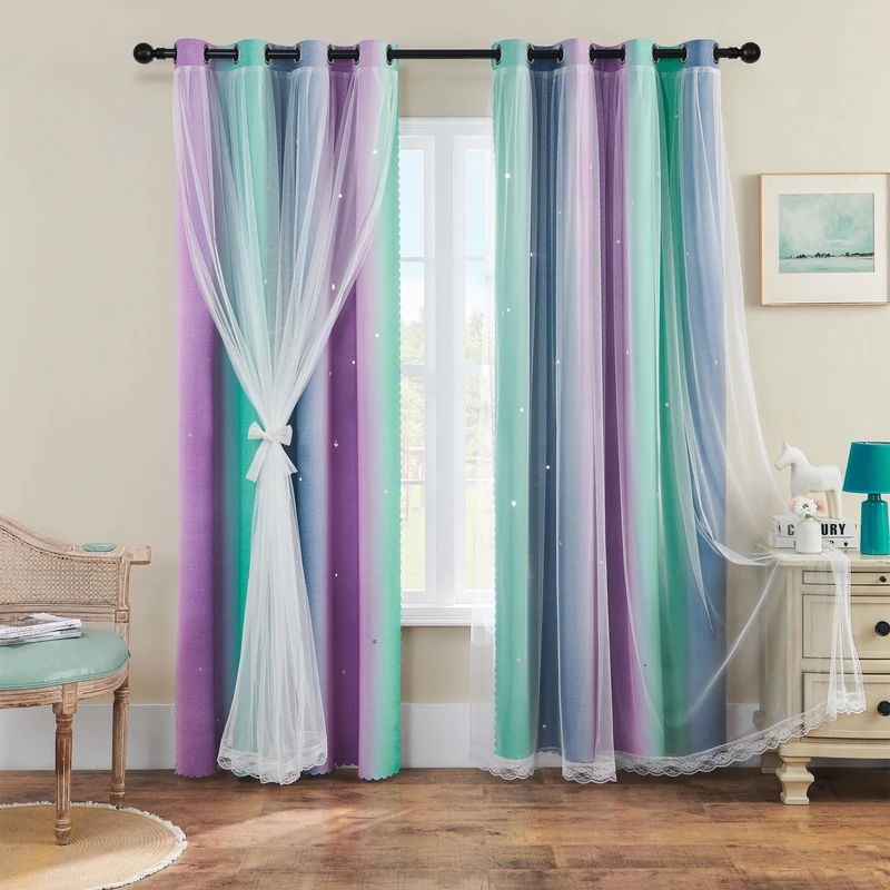 XiDi Purple Grey Green Curtains for Girls Bedroom 96 Inches Long 2 Panels Set, Rainbow Blackout Curtains for Kids Nursery Room Decor, Unicorn Wall Decals Drapes for Living Room 52 Inches Wide