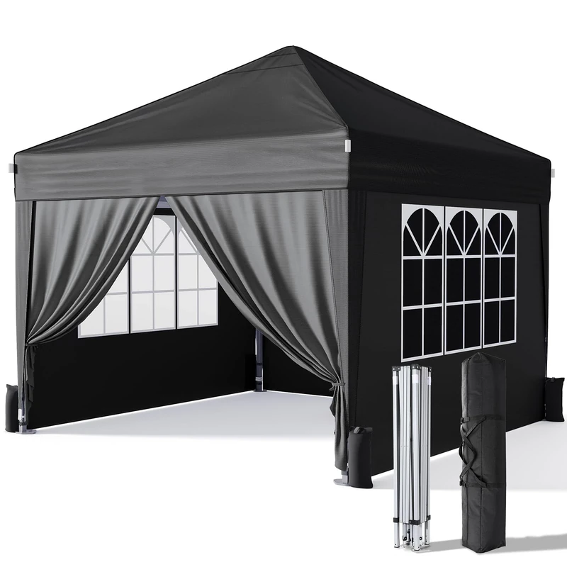 Driftalia Gazebo with Sides 3m x 3m, Waterproof Pop Up Gazebo with 4 Sandbags and Carry Bag for Parties, Camping, Commercial Events - Black