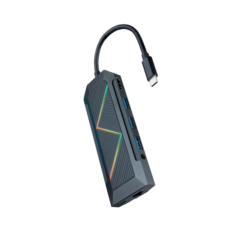 PRENDELUZ USB-C HUB with 3 USB-A ports, USB-C for charging, HDMI, RJ45, TF/SD reader and audio jack, ideal for expanding connections and devices.