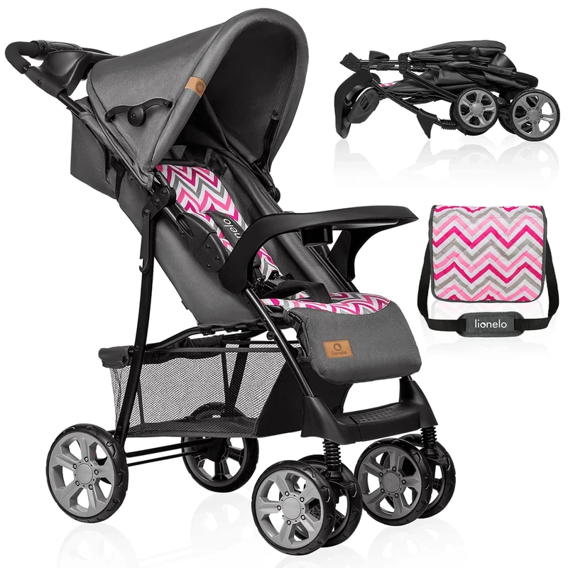 Lionelo Emma Plus Lightweight & Robust Stroller 6-36 Months, Quick Compact Fold, Lie-Flat Recline, Pushchair with 5-Point Harness, XXL Canopy, Shock-Absorbing Wheels, Tray, Bag (Single, Pink)