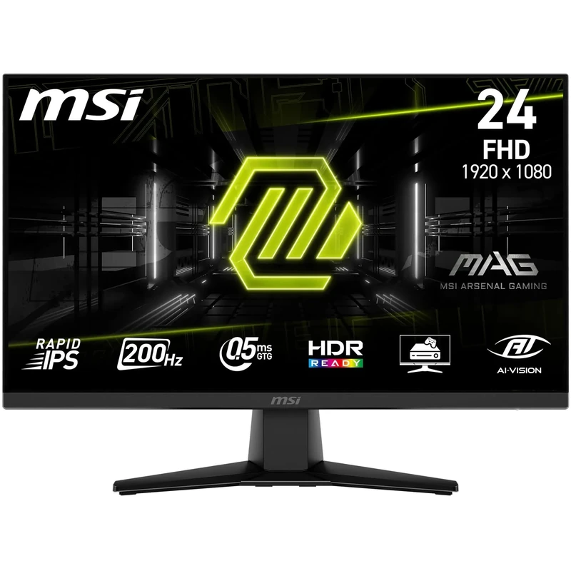 MSI MAG 242F 24 Inch FHD Gaming Monitor - Rapid IPS Panel 1920 x 1080, 200 Hz / 0.5 ms, HDR Ready, AMD FreeSync Premium, HDMI 2.0b, DP 1.2a, Borderless Design, Tilt, VESA Compatible, Black