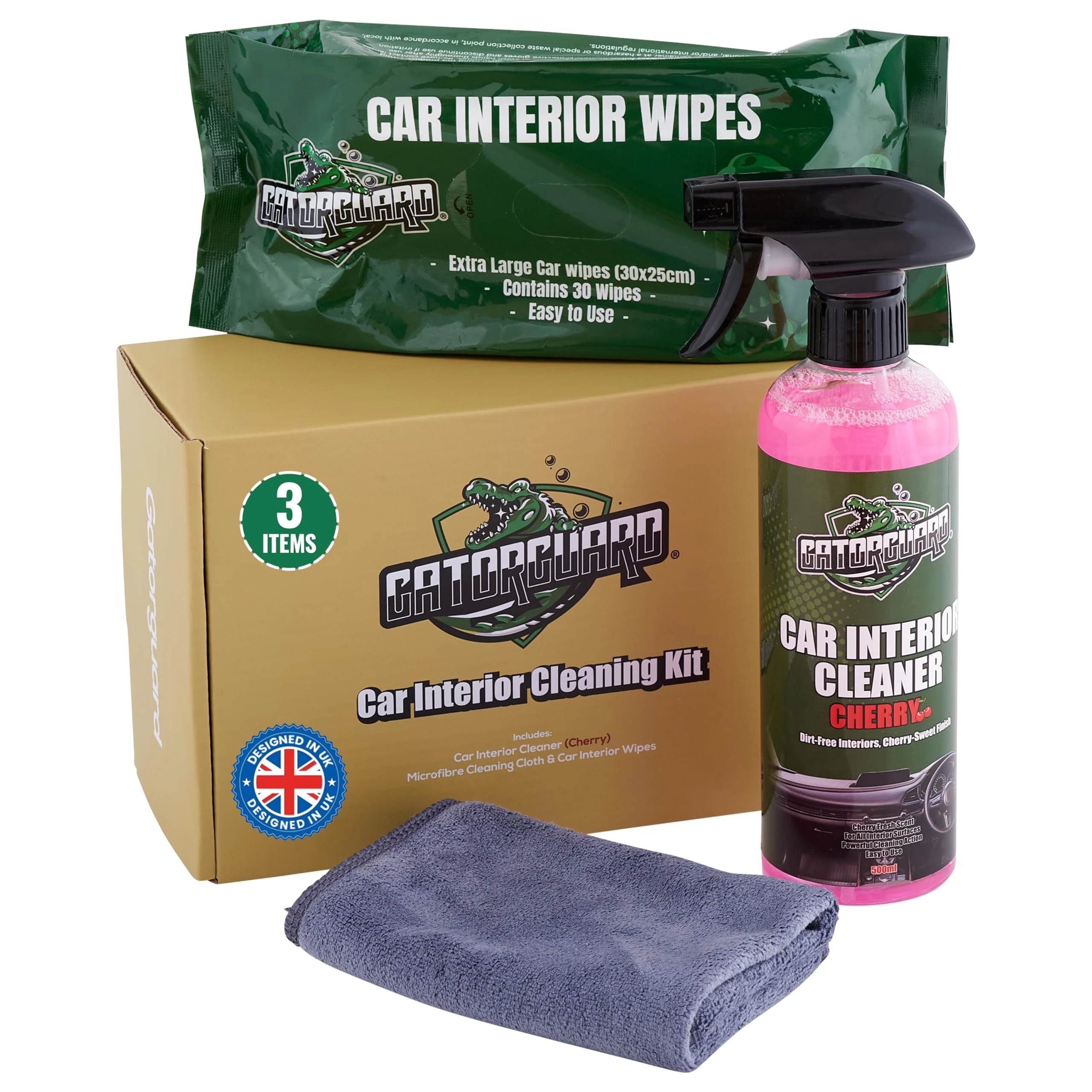 Gatorguard Car Interior Cleaning Kit, 500ml Cherry Scented Cleaning Spray, 30 Extra-Large Wet Wipes, Soft Microfiber Cloth, All-in-One Auto Detailing Set, Dashboards, Plastics & More