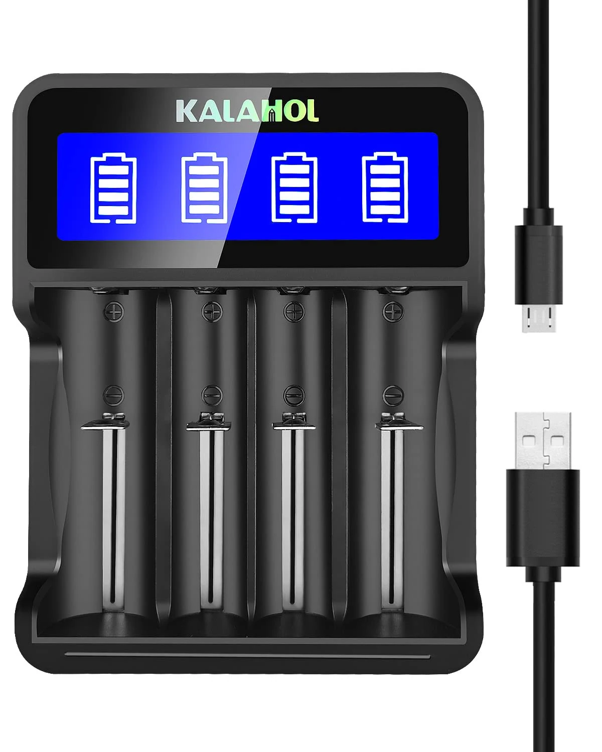 KALAHOL 4 Slot Universal Battery Charger for 18650. LCD Display Real Time Status. Micro USB Ideal for Ni - MH/Ni - Cd A, AA, AAA Batteries. Flashlights, Toys, Clocks, and Keyboards Can All Use
