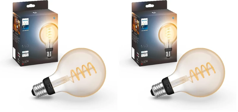 Philips Hue White E27 Filament G93 580 lm, Warm White Light, Dimmable, Controllable via App, Compatible with Amazon Alexa (Echo, Echo Dot) (Pack of 2)