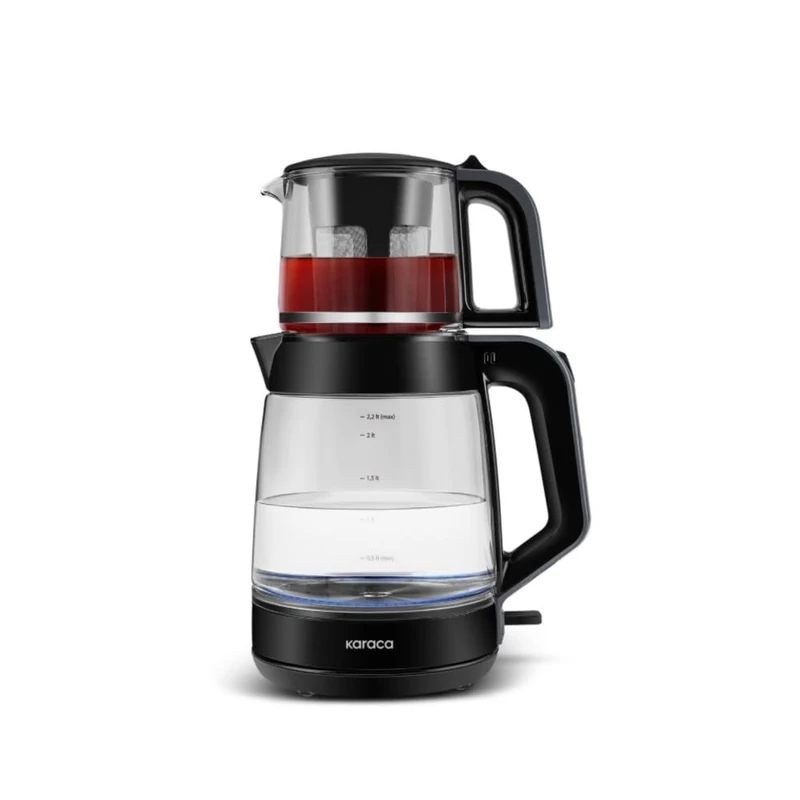KARACA Glass Turkish Tea Maker Machine, 2 in 1 Turkish Tea Pot Set, XL Teapot & Water Kettle Electric, 1900W, Shiny Black