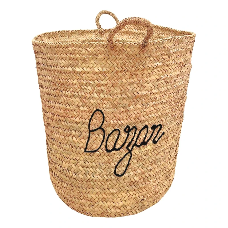 Homemaison - Large Natural Bazaar XL Basket - Palm Leaf and Handmade Cotton Weave - Versatile Use Storage or Decor - 50 x 50 x 55 cm - Black - Image 1