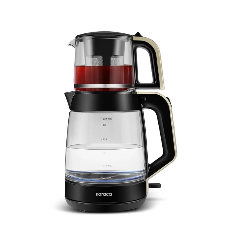 KARACA Glass Turkish Tea Maker Machine, 2 in 1 Turkish Tea Pot Set, XL Teapot & Water Kettle Electric, 1900W, Cream