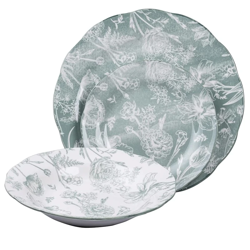 Fleurette 18-Piece Porcelain Dinner Set with 6 Places, Floral Design, Green